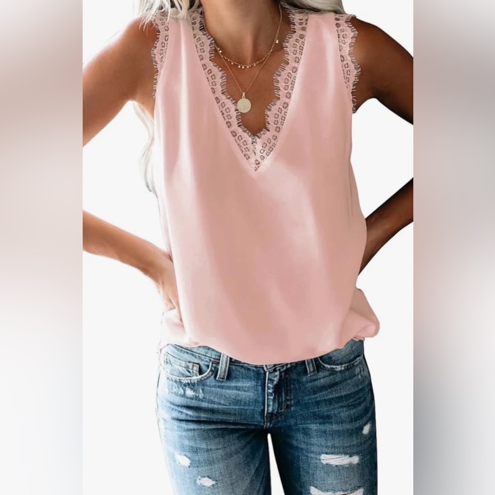 V-Neck Lace Trim‎ Sleeveless Blouse
